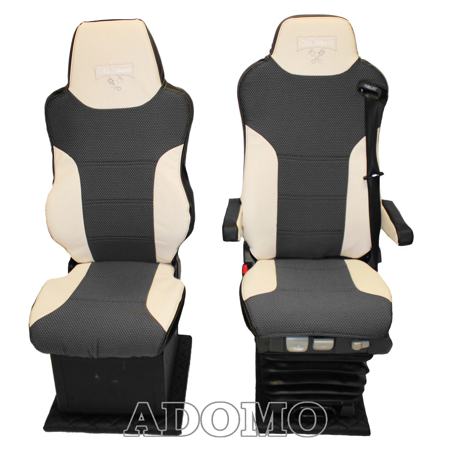 Adomo LKW-Shop, Sitzbezüge aus Kunstleder für Volvo FH4 und FH5  schwarz-beige,Beifahrer ohne Armlehnen