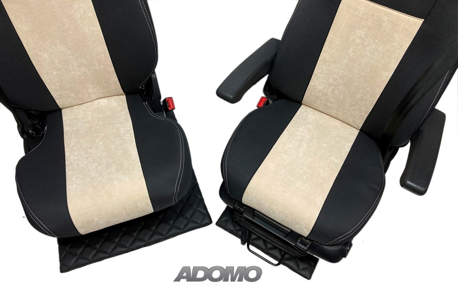 Sitzbezüge für Actros MP5 und MP4, schwarz beige, Beifahrersitz klappbar,  old skool, 8cm Kopfstützen
